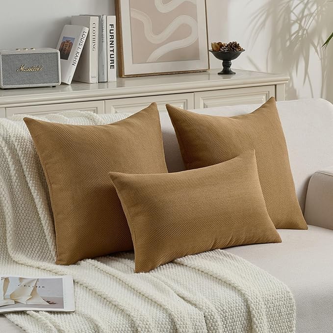 FUTEI Camel Chenille Throw Pillow Covers 16x16 Inch Set of 2,Soft Wide Chevron Textured Cushion Case,Farmhouse Home Decor for Couch Bed Living Room