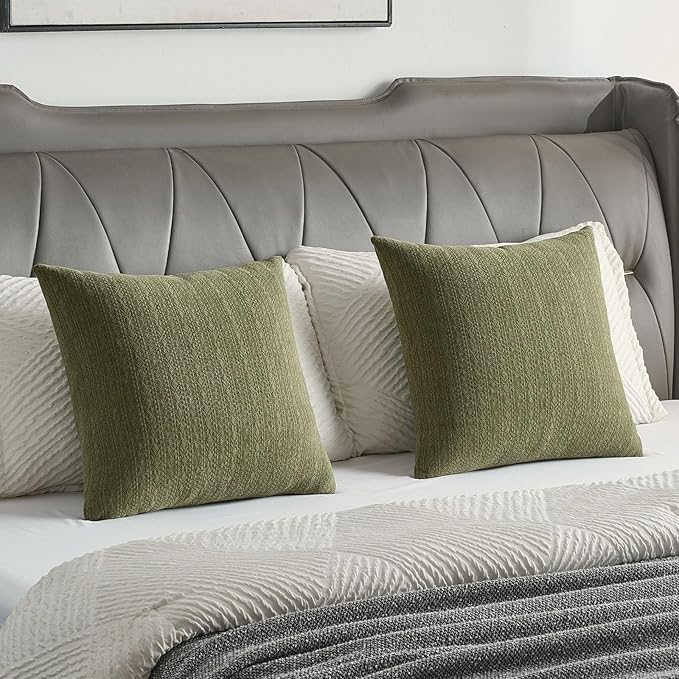 FUTEI Moss Green Chenille Throw Pillow Covers 20x20 Inch Set of 2,Soft Striped & Diamond Textured Cushion Cases,Modern Home Decor for Couch Living Room