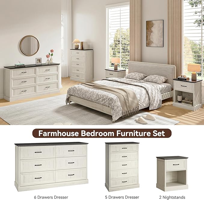 Farmhouse Dresser and Nightstand Sets, 4Pcs Bedroom Furniture Set, Nightstand Set of 2 & 55" Wide 6 Drawer and 44" Tall 5 Drawer Dresser with Large Drawers & Bar Handles, White