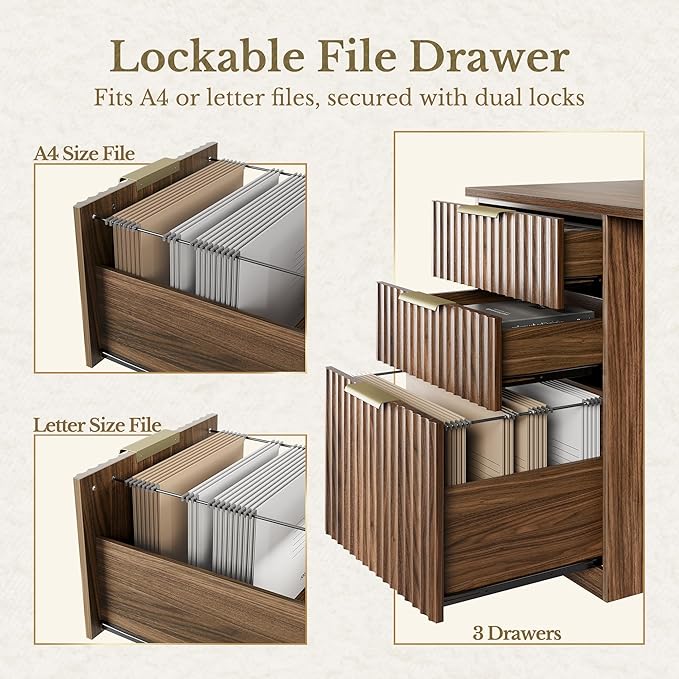 63 Inches L Shaped Standing Desk, Executive Standing Desk with Drawers and File Cabinet, AC/USB, 1.18" Whole-Piece Desktop, Multi-sized Storage Cubby, Privacy Panel, Fluted Computer Desk, Black Walnut