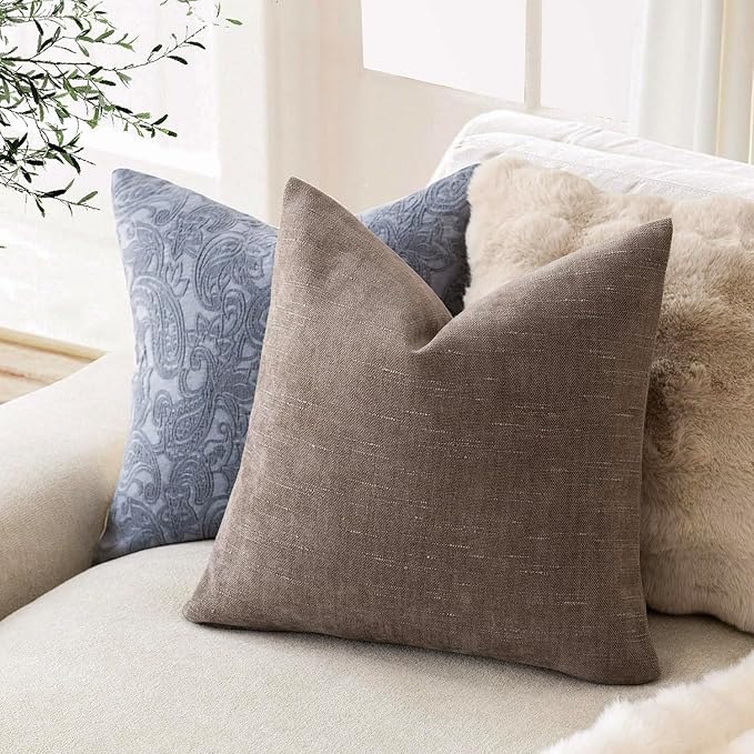 Foindtower Pack of 2 Soft Textured Chenille Throw Decorative Pillow Covers Square Accent Solid Cushion Cover Cozy Farmhouse Pillow Case with Zipper for Couch Sofa Bedroom Living Room 22x22 Inch, Taupe