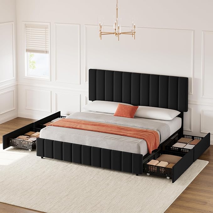 Garvee King Size Bed Frame with 4 Storage Drawers, Adjustable Height Headboard, Linen Upholstered Platform Bed Frame, No Box Spring Needed, Easy Assembly, Black