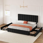 Garvee King Size Bed Frame with 4 Storage Drawers, Adjustable Height Headboard, Linen Upholstered Platform Bed Frame, No Box Spring Needed, Easy Assembly, Black
