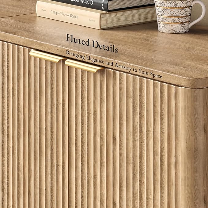 Evermagin 126" Oak Buffet Cabinet with Storage, Large Sideboard Cabinet, Boho Accent Credenza, Fluted Console Table with Doors for Dining Room, Kitchen, and Living Room