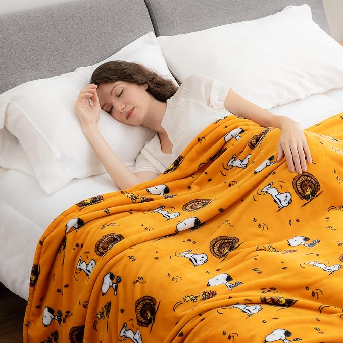 Berkshire Blanket Peanuts® VelvetLoft® Cute Character Snoopy Plush Blanket,Snoopy and Woodstock Fall Birds & Leafs Orange,King 90 in x 108 in (Official Peanuts® Product)