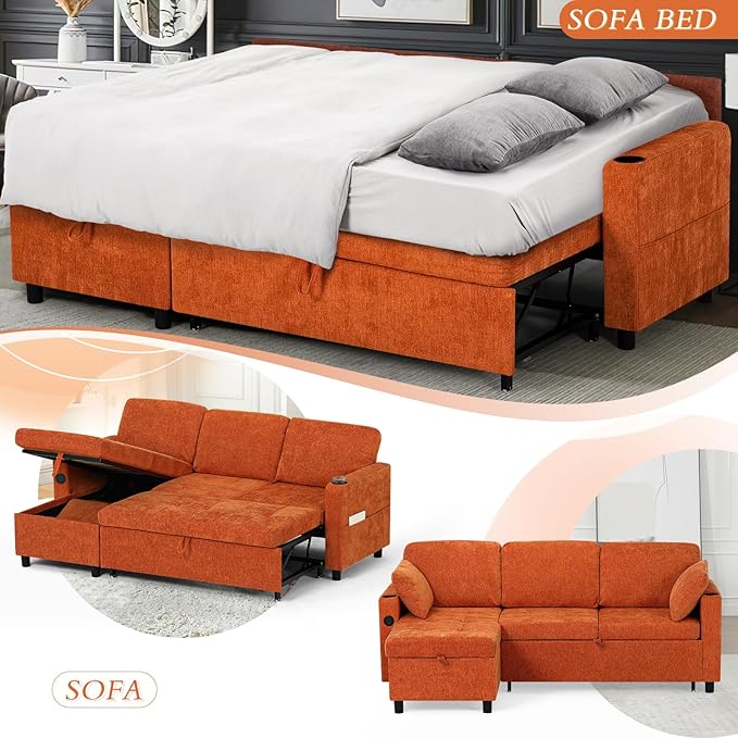 84" Chenille Pull Out Sofa Bed w/Adjustable Backrest, L-Shape Modern Sleeper Sofa w/Reversible Chaise, Upholstered Sectional Couch w/USB Port and Side Pockets for Living Room, House, Orange