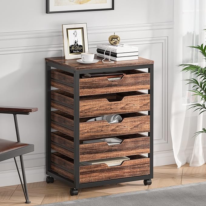 Tribesigns 5 Drawer Chest, Wood Storage Dresser Cabinet with Wheels, Industrial Storage Drawer Organizer Cart for Office Bedroom Entryway (Rustic Brown, 1 PC)