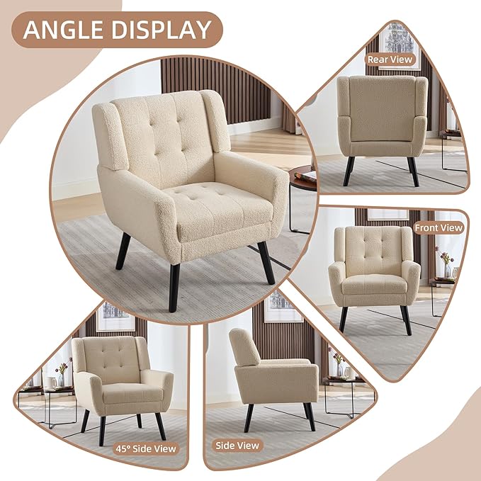 Dolonm Midcentury Modern Teddy Accent Chair with Arms, Upholstered Reading Side Chair Tufted Back Decorative Wingback Chair for Living Room Bedroom (White)