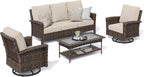 HERA'S HOUSE High Back Patio Furniture Set with Swivel Chairs, Outdoor Wicker Conversation Sets with 5.5" Comfy Cushions, 4 Piece Outside Sofa Sets, Beige
