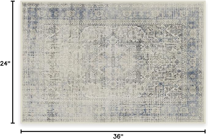 RUGGABLE Washable Vintage Area Rug – Kamran Blue Quartz 2x3, Stain-Resistant, Non-Slip – Small Machine Washable Rugs for Living Room, Bedroom, Hallway, Entryway & Bathroom–with Cushioned Pad