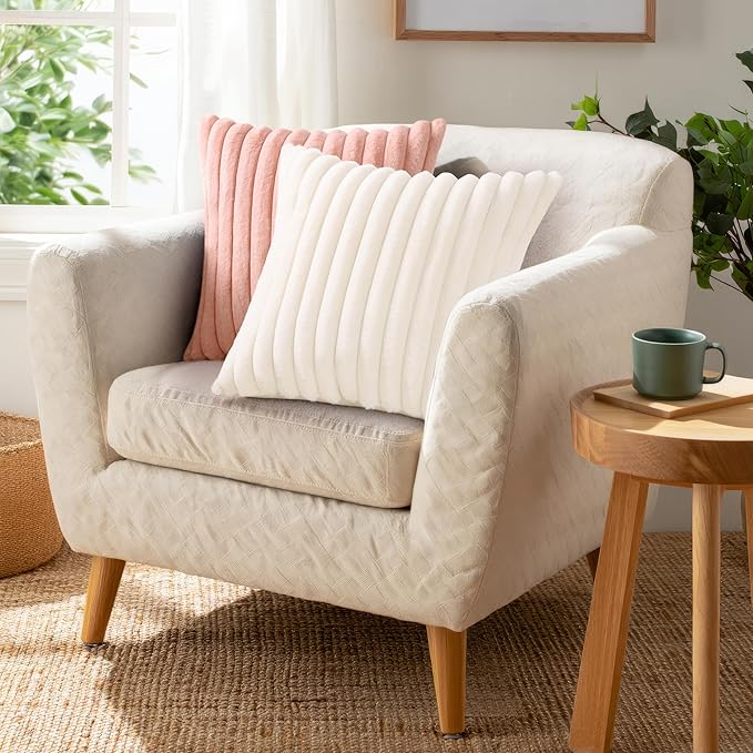 Pallene Faux Fur Plush Lumbar Throw Pillow Covers 12x20 Set of 2, Luxury Soft Fluffy Striped Decorative Pillow Covers for Sofa, Couch, Living Room, Pink