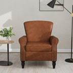 Accent Chair, Mid Century Modern Faux Leather Arm Chair with Wood Leg for Living Room, Bedroom, Comfy PU Leather Club Reading Chairs with Wingback & Nailhead Trim (Leather Brown, Set of 2)