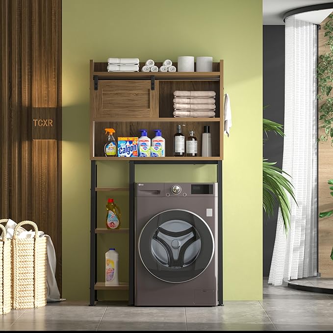 MU Over The Toilet Storage Cabinet with Sliding Door, 32.5" W Free Standing Toilet Shelf Space Saver with 3 Side Hooks & Anti-Tip Design, Space-Saving Toilet Rack for Bathroom, Laundry, Brown