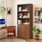 70.8" Tall Fluted Bookshelf with Storage Cabinet, Modern 5-Tier Wood Bookcase with Open Display Storage Shelf, Gold Handles for Office Living Room (Walnut)