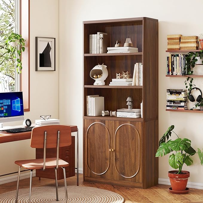70.8" Tall Fluted Bookshelf with Storage Cabinet Set of 2, Modern 5-Tier Wood Bookcase with Open Display Storage Shelf, Gold Handles for Office Living Room (Walnut)