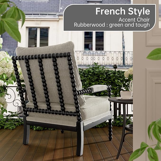 Morden Fort Linen Fabric Spindle Accent Chairs Set of 2, French Style Chairs with High Resilience Spring Cushion and Armrest Pads, Leisure Armchair for Living Room Bedroom Farmhouse Office Balcony