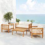 Scott Living Darla 4 Seater Conversation Set, Acacia Wood Loveseat and Club Chairs, Sofa Set with Cushion, Retangular Slats Coffee Table, 4 Piece Outdoor Rustic Acacia Wood Seating Set, Teak+Beige