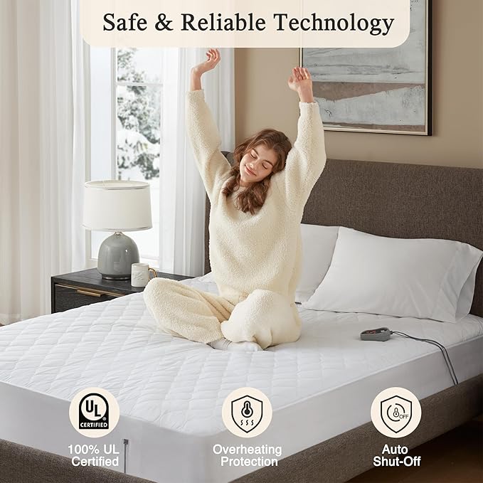 Beautyrest Cotton Heated Mattress Pad - Bed Warmer with 20 Heat Settings Controller, Auto Shut Off Timer, All Around Elastic Deep Pocket, UL Certified, Machine Washable, White Queen
