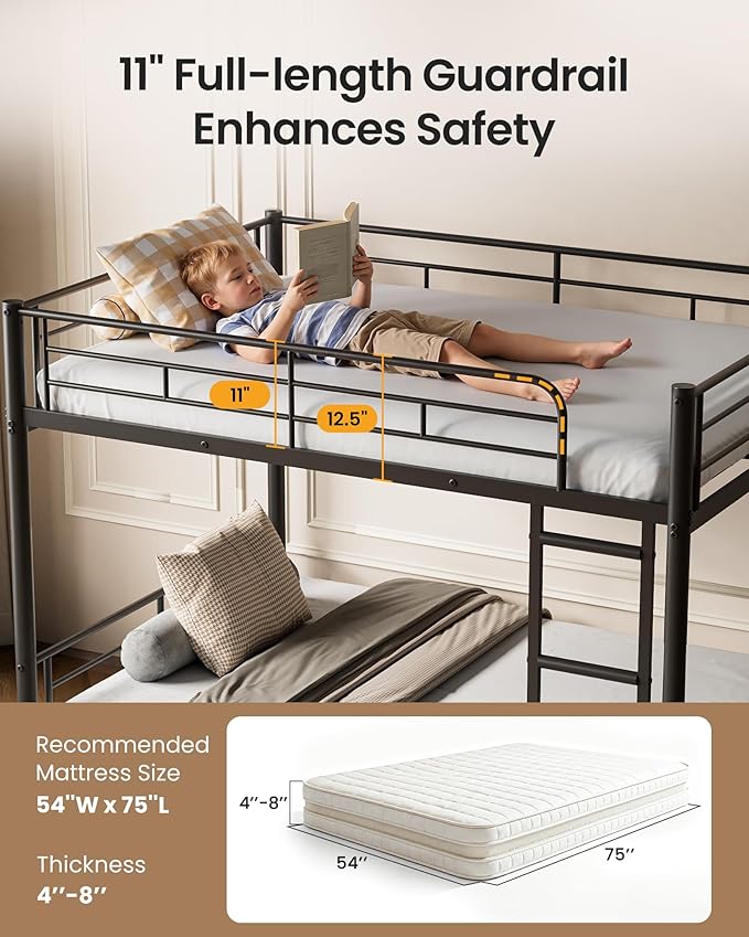 Full Over Full Bunk Bed, Convertible into 2 Full Beds, Heavy-Duty Metal Bed Frame with Safety Full-Length Guardrails & EVA Padded Ladder for Adults, Teens, Kids, No Box Spring Needed, Black