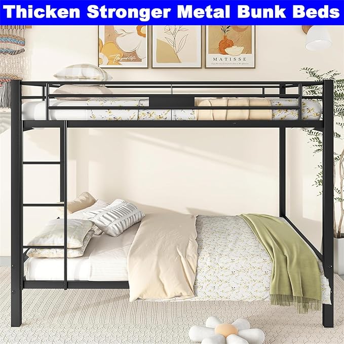 DOONREXS Upgraded Thicken Metal Queen Over Queen Bunk Bed, Heavy Duty Stronger Steel With Ladders and Safety Guard Rail, Easy Assembly