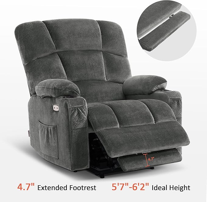 MCombo Oversized Dual Motor Power Lift Recliner Chair Sofa with Massage and Heat for Big Elderly People, Infinite Position, USB Ports, Fabric R7688 (Grey, Large-Oversize)