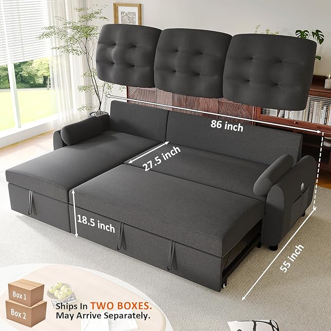 Ucloveria Sleeper Sofa Bed, 86" Convertible Sectional Sofa Couches for Living Room, Pull Out Couch Bed with Reversible Storage Chaise | USB Ports | Side Pockets | Removable Backrest