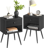 VECELO Nightstands Set of 2, Mid Century Modern End Bedside Table, Night Stand with Storage Drawer and 2 Tiers Open Shelf for Small Place, Bedroom, Living Room, Easy Assembly, Black