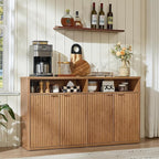 LEYAOYAO Fluted Buffet Cabinet with Storage, 55" Wide Wood Sideboard Credenza with 4 Doors & Open Storage Shelf, Modern Kitchen Console Accent Cabinets, Coffee Bar Table for Dining Room, Tea Brown