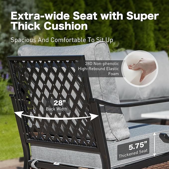 5 Piece Metal Outdoor Patio Furniture Set, Patio Conversation Sets 1 3-Seater Sofa, 2-Seater Sofa, 2 Swivel Sofa with 5.75" Thick Cushion & Coffee Table Black Backyard Furniture, Gray