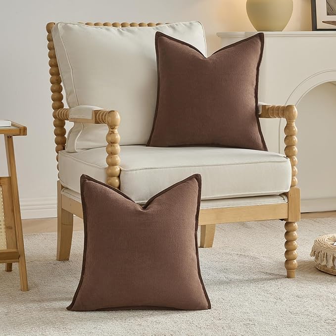 FUTEI Brown Chenille Throw Pillow Covers 24x24 Inch Set of 2,Edges Double-Stitched European Cushion Cases,Modern Home Decor for Couch Living Room