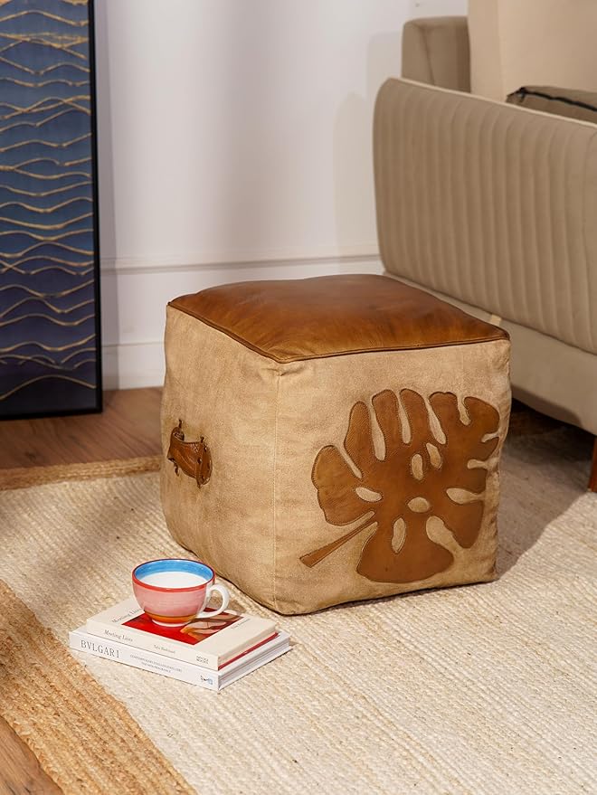 Handmade Eco-Friendly Solid Leather Pouf Brown Color Sqaure 20" x 20" x 20" Pouf for Living Room, Bedroom Seating, Patio