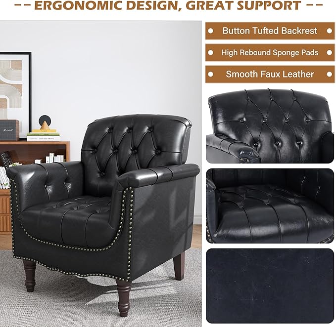 UIXE Faux Leather Accent Chair for Living Room, Tufted Arm Chair Retro Upholstered Club Armchair with Solid Wood Legs, Black Blue