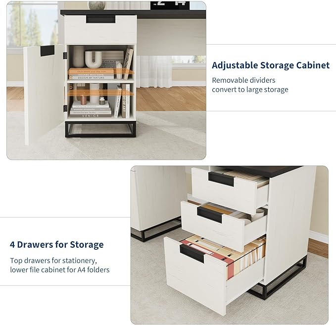 IDEALHOUSE Farmhouse Executive Desk, 59" Computer Desk, White Home Office Desks with File Drawer and Storage Cabinet, Wood Writing Desks for Home Office, Bedroom, White+Black