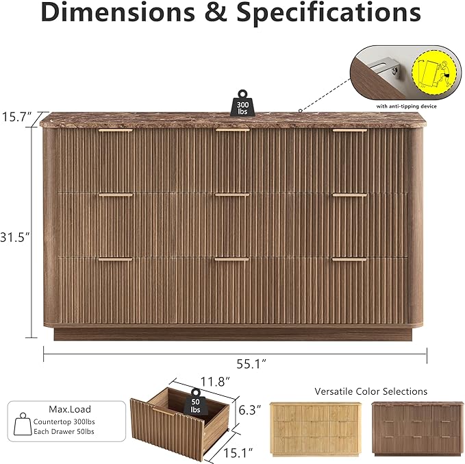 win2win 9 Drawer Dresser, Mid Century Modern Dresser with Storage, 55" Wide Fluted Chest of Drawers with Faux Marble Top, Dressers TV Stand, Drawers Organizer for Bedroom, Living Room, Hallway Walnut