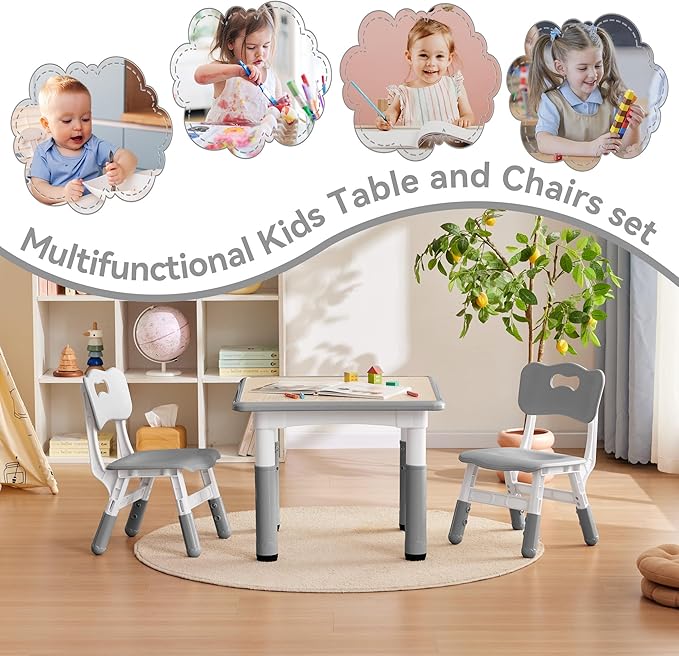 Kids Study Table and Chairs Set, Height Adjustable Toddler Table and Chair Set for Kids Ages 3-8, 23.6" L x 23.6" W Graffiti Desktop Plastic Children Art Table with 2 Seats, W-Grey