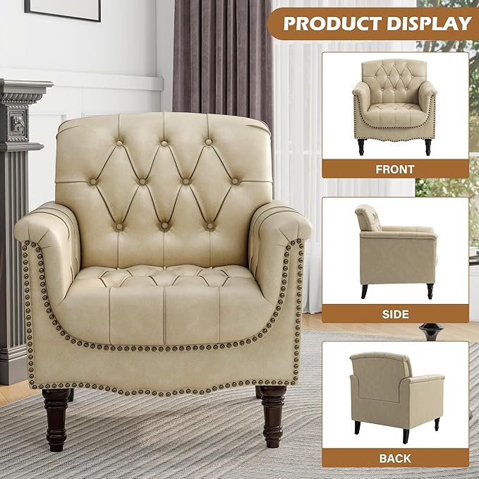 UIXE Faux Leather Accent Chairs Set of 2, Comfy Club Chair Upholstered Armchair for Living Room, Button Tufted Arm Chair Retro Single Sofa Side Reding Seat for Bedroom - Beige