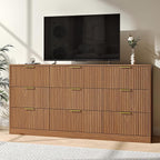 Fluted Dresser for Bedroom with 9 Drawer, 63” Wide Wooden Dresser Mid Century Chest of Drawers with Handle, Dressers TV Stand Storage Organizer for Bedroom, Living Room, Natural Wood