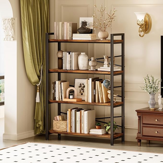 4 Tier Bookshelf 31.49" Width, Tall Book Shelf Storage and Organization, Wooden and Metal Industrial Bookcase, Large Book Shelves for Home Living Room Bedroom Office Storage(Vintage)