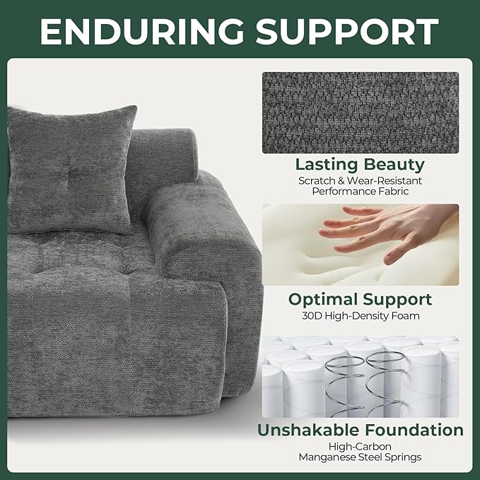 101.65” Modular Sectional Couch for Living Room, 3-Seater Cloud Sofa with Deep Seat, Woven Texture Upholstery Boneless Couch, No Assembly, Grey