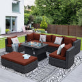 NICESOUL 9 Piece Extra Large Outdoor Patio Furniture Set with Firepit Table Natural Gas/Propane, 29.3'' High Back Gray Wicker Sectional Sofa, Deep Sitting Conversation,2 Color Cushion Burgundy & Gray
