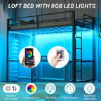 Karl home Twin Metal Loft Bed with Desk, with Power Outlet and LED Lighted, Safety Guardrail & Ladder, Space Saving, No Noise, No Box Spring Needed, Grey