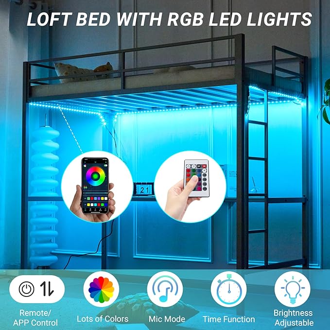 Karl home Twin Metal Loft Bed with Desk, with Power Outlet and LED Lighted, Safety Guardrail & Ladder, Space Saving, No Noise, No Box Spring Needed, Grey