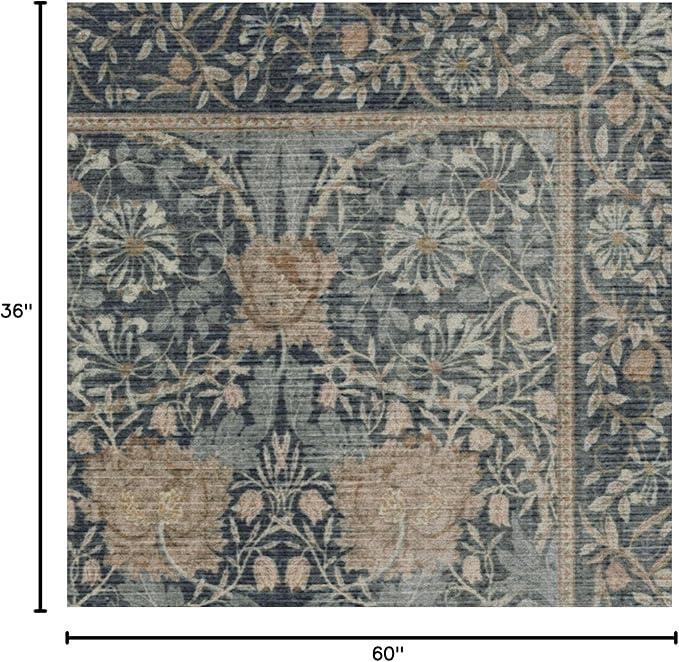 RUGGABLE x Morris & Co Washable Area Rug– Honeysuckle & Tulip Blue 3x5, Stain-Resistant, Non-Slip – Small Machine Washable Rugs for Living Room, Bedroom, Hallway, Entryway & Office–with Cushioned Pad