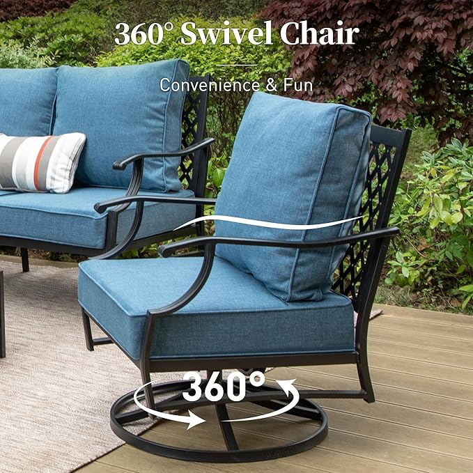 4 Piece Metal Outdoor Patio Furniture Set, Patio Conversation Sets 1 3-seater Sofa, 2 Swivel Chair with 5.75" Extra Thick Cushion and Coffee Table, Black Frame Backyard Furniture, Navy