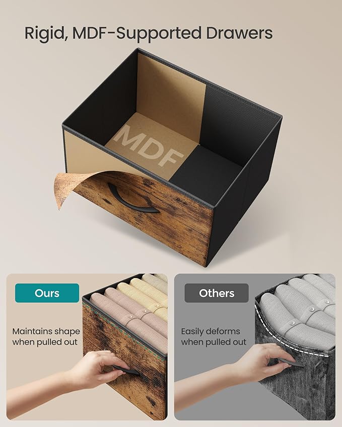 SONGMICS Dresser for Bedroom, Chest of Drawers, Steel, MDF, 7 Non-Woven Fabric Drawers, Storage Organizer Unit, Closet, Entryway, Rustic Brown and Ink Black ULGS323BH04