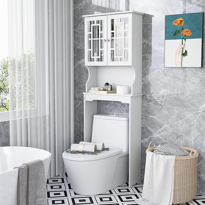 Giantex Over-The-Toilet Storage Space Saver, Bathroom Organizer with Cabinet and Shelf, Above Toilet Standing Rack (White)
