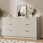 6 Drawer Dresser for Bedroom, 55" Wide Modern Chest of Drawers with Gold Metal Handles, Fluted Wood TV Stand for Living Room, Hallway(Beige)