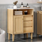 Small Bathroom Floor Cabinet with 3 Drawers Toilet Cabinet with Sliding Door Farmhouse Side Storage Organizer Cabinets with Faux Marble Top for Kitchen, Living Room， Natural Oak