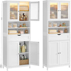 VASAGLE Storage Cabinet with LED Lights, Freestanding Storage Unit with Adjustable Shelves, Drawer, Open Compartments, for Bathroom, Living Room, Kitchen, Cloud White UBBC767WH01S