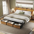 Forestell King Size Bed Frame with Wood Headboard, Metal Platform Bed with 3 Storage Drawers & Shelf, Built-in Charging Station & LED Lights, No Box Spring Needed, Vintage Brown, Camas King